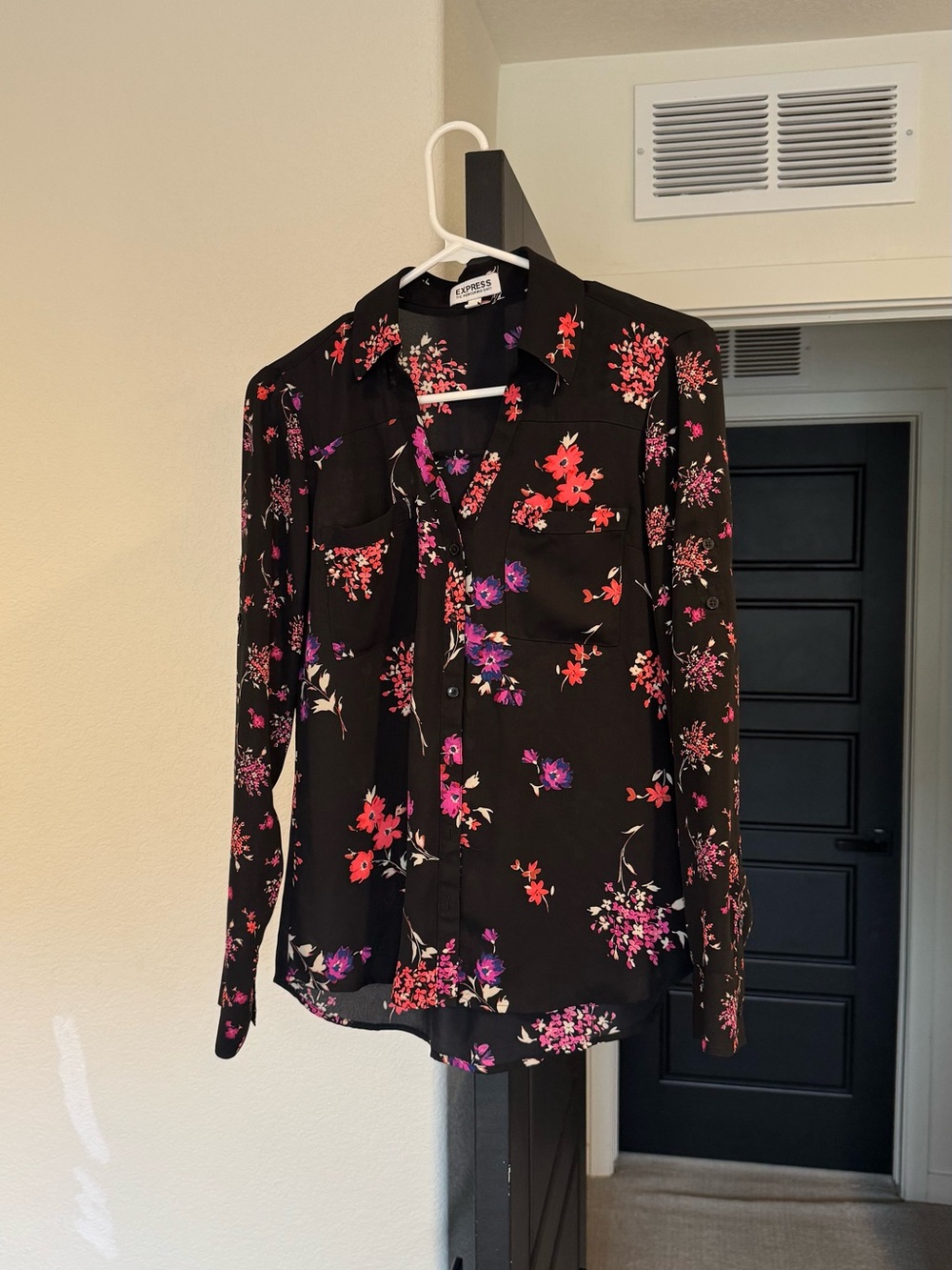 Express Black Floral Button-Down Blouse with Pink & Purple Flowers
